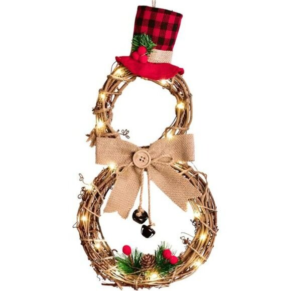 16 x 8 Inch Lighted Christmas Wreath Decoration, Grapevine Wreath with Hat & Bow - Picture 3 of 7